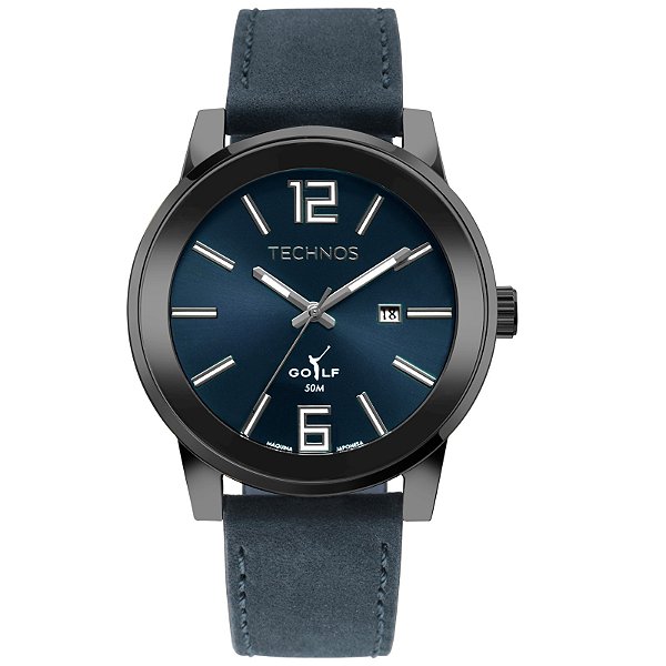 Relógio Technos Masculino Analógico Golf Aço Grafite Couro e Fundo Azul 2115UDI/0A
