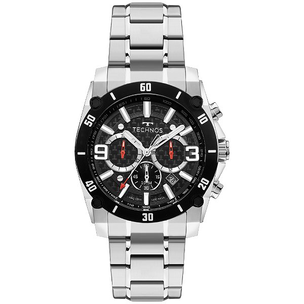 Relógio Technos Masculino Analógico TS Carbon Aço Prata Aro Preto JS25BDG/1P