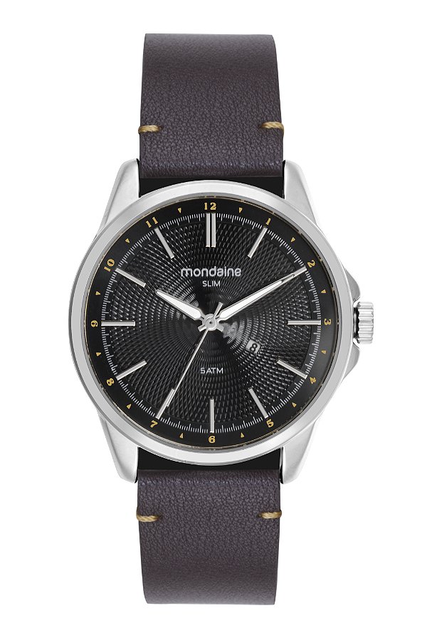 Relógio Mondaine Masculino Analógico Slim Prata Fundo Preto Pulseira Couro Marrom 32946G0MVNO2
