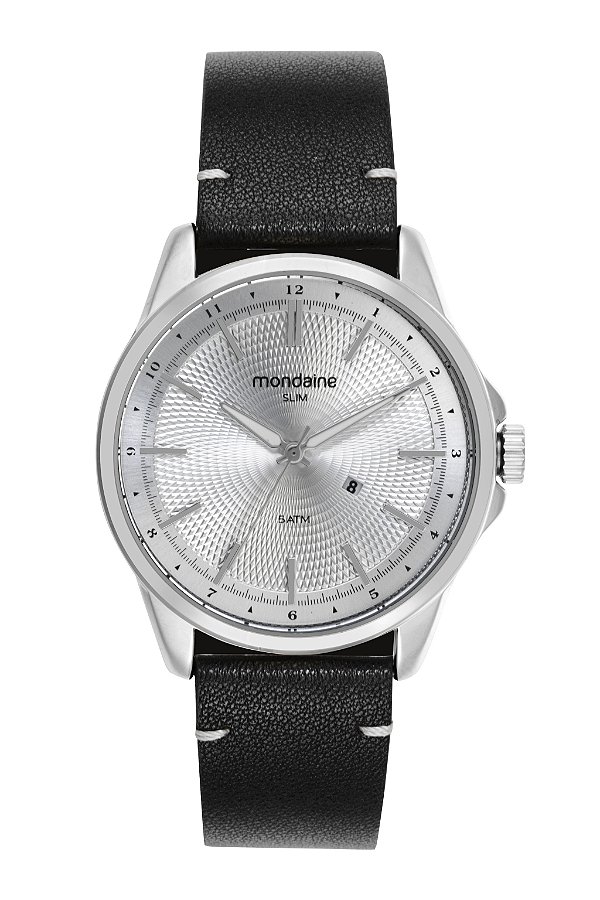 Relógio Mondaine Masculino Analógico Slim Prata Fundo Preto Pulseira Couro Preta 32946G0MVNO3