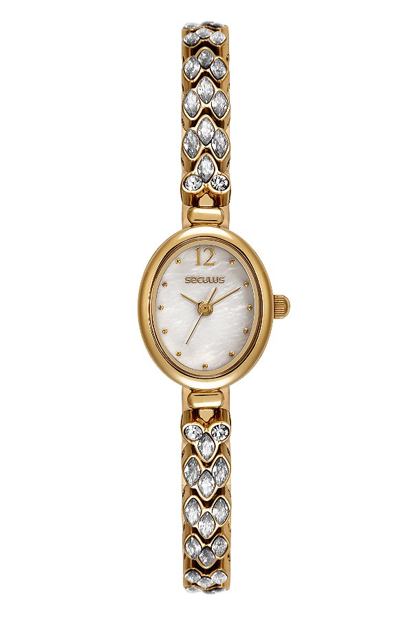 Relógio Seculus Feminino Analógico Clássico Caixa Oval Dourado Pulseira Com Cristais 77365LPSVDB1