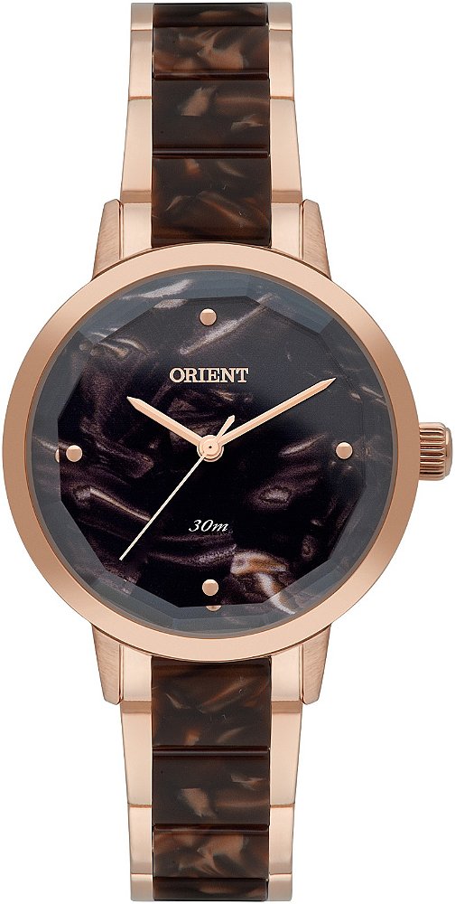 Relógio Orient Feminino Analógico Eternal Aço Rosé Resina Marrom Vidro Facetado FTSS0140 N1RN