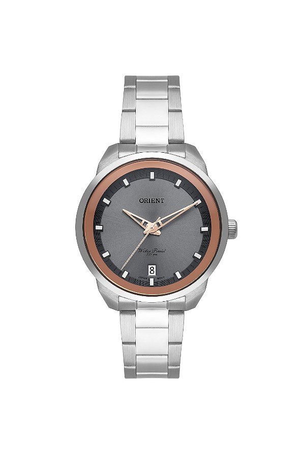 Relógio Orient Feminino Analógico Eternal Aço Prata Fundo Cinza Calendário FTSS1150 G1SX