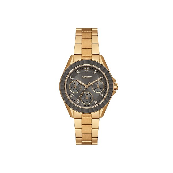 Relógio Orient Feminino Dourado Estilo Cronógrafo Fundo Cinza Cristais FGSSM088 G1KX Original