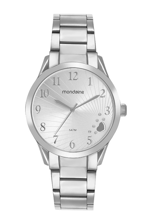 Relógio Mondaine Feminino Analógico Aço Prata Fundo Detalhe Coração e Cristais 99765L0MVNE1