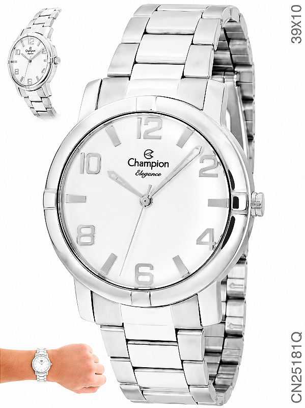 Relógio Champion Feminino Analógico Aço Prata Mostrador Branco Elegance CN25181Q