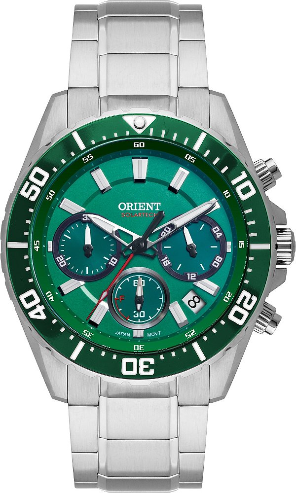 Relógio Orient Masculino Analógico Cronógrafo Solar Elite Sea Aço Safira Fundo Verde MBSSC288E1SX