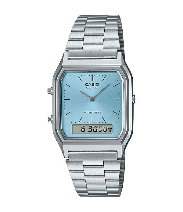 Relógio Casio Vintage Prata Fundo Azul Ice Blue Turquesa AQ-230A-2A1MQYDF Original