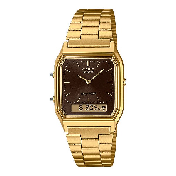 Relógio Casio Vintage Dourado Fundo Marrom Café AQ-230GA-5AMQY Unissex Original