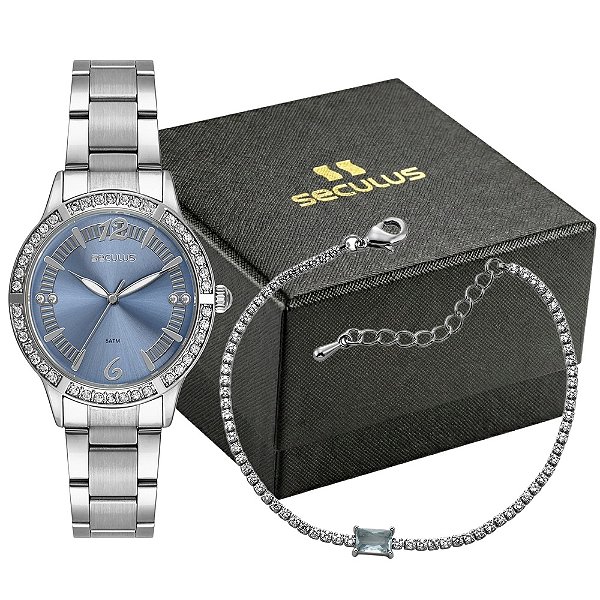 Kit Relógio Seculus Feminino Analógico Aço Prata Elegante Com Semijoia 44340L0SKNS2K1
