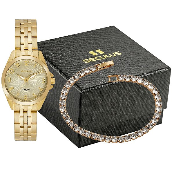 Kit Relógio Seculus Feminino Analógico Aço Dourado Com Semijoia 44345LPSKDA1K1