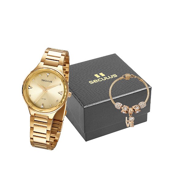Kit Relógio Seculus Feminino Analógico Aço Dourado Com Semijoia 44345LPSKDA1K1