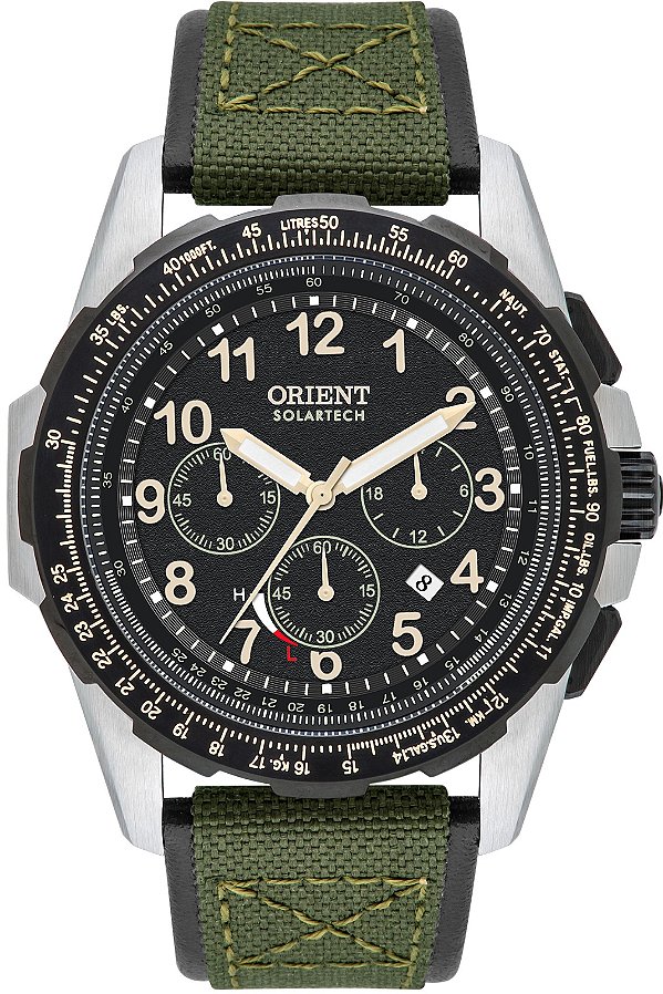Relógio Orient Masculino Analógico Solar Elite Air Aço Safira Pulseira Nylon Verde MBSNC007 P2EX