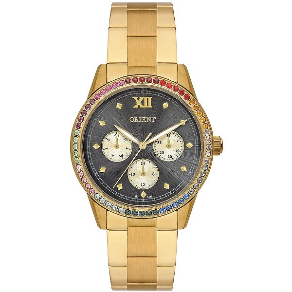 Relógio Orient Feminino Dourado Multifunção Fundo Grafite Cristais FTSSM064 G3KX Original