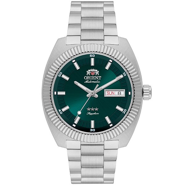 Relógio Orient Masculino Automático Heritage 3 Estrelas Aço Safira Aro Canelado Verde YN6SS026E1SX
