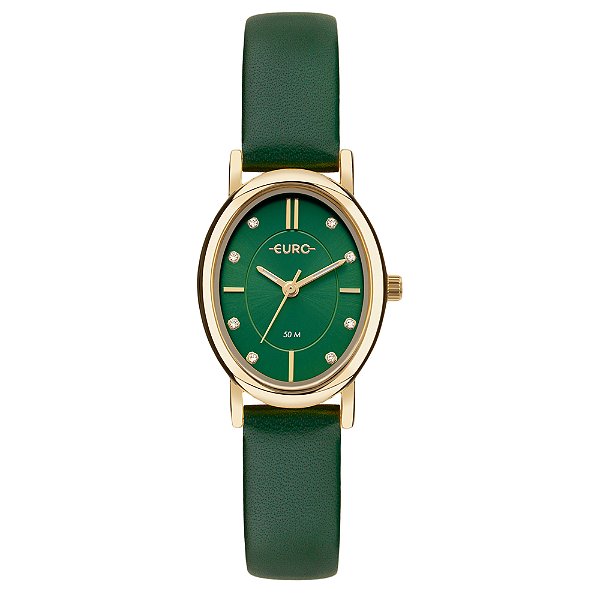 Relógio Euro Feminino Analógico Prata Caixa Oval Pulseira Em Couro Verde EU2035ZBX/3V