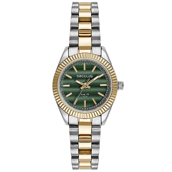 Relógio Seculus Feminino Analógico Aço Bicolor Prata E Ouro Mostrador Verde 77245LPSVBA5