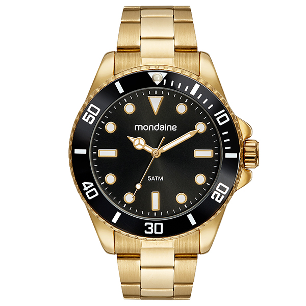 Relógio Mondaine Masculino Analógico Aço Dourado Bisel Preto 42mm 32549GPMVDE2 Original