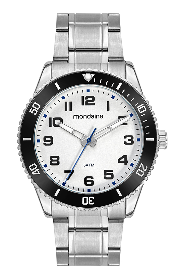 Relógio Mondaine Masculino Analógico Aço Prata Fundo Branco Bisel Preto 42mm