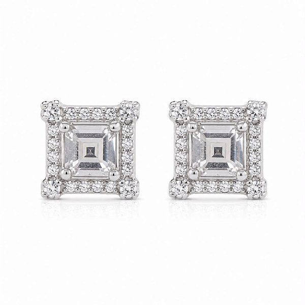 Brinco Quadrado Cravejado 5x5mm Moissanite Prata 925 com Ródio