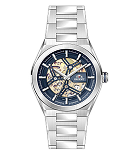 Relógio Orient Masculino Analógico Automático Skeleton Aço Prata Fundo Azul 42mm NH7SS006 D1SX