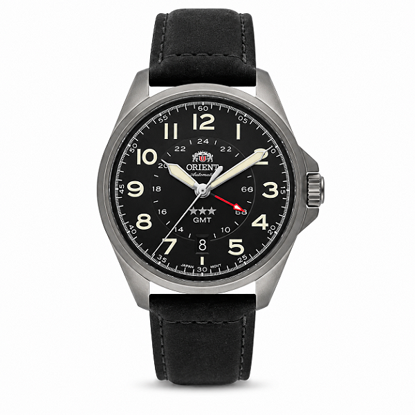 Relógio Orient Masculino Analógico Automático Aço Prata Pulseira Couro Fundo Preto NH3SC017 P2PX