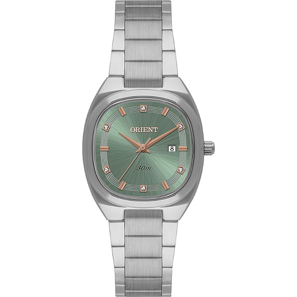 Relógio Orient Feminino Analógico Aço Prata Caixa Quadrada Fundo Verde Cristais LBSS1036 F1SX