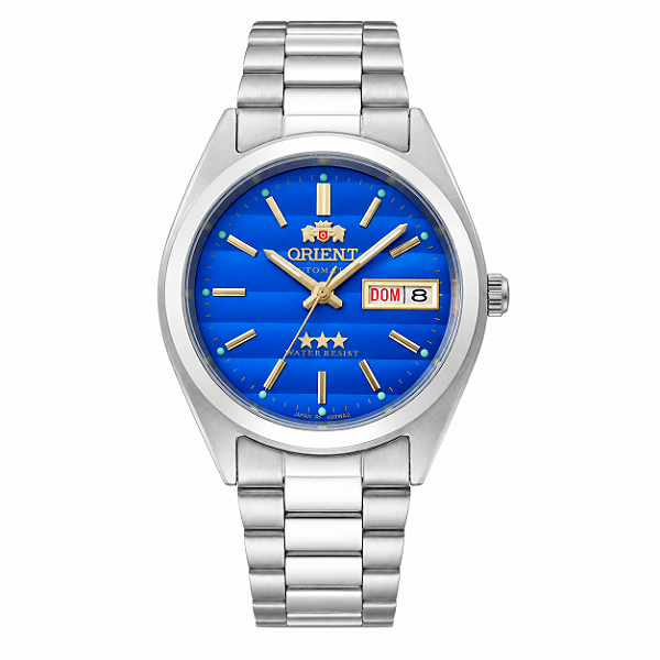 Relógio Orient Masculino Analógico Automático 3 Estrelas Aço Prata Fundo Azul 37mm 469WA3NHA1SX