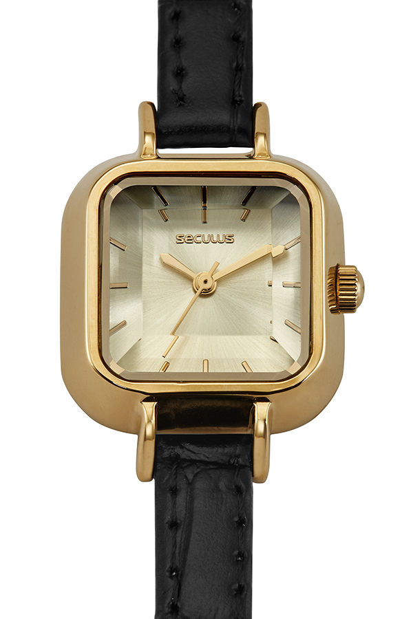 Relógio Seculus Feminino Analógico Retangular Dourado Couro Preto Vidro Facetado 44277LPSVDR1