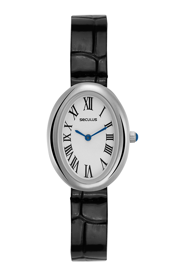 Relógio Seculus Feminino Analógico Vintage Oval Prata Couro Preto 44369L0SVNC2