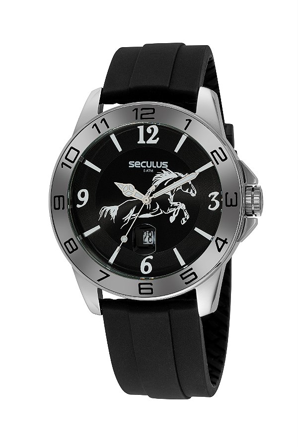 Relógio Seculus Masculino Country Cavalo Preto Silicone 48mm Calendário 5ATM 44034G0SVNU1