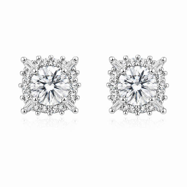 Brinco Ponto de Luz Moldura Quadrado Moissanite 6,0mm Prata 925 com Ródio