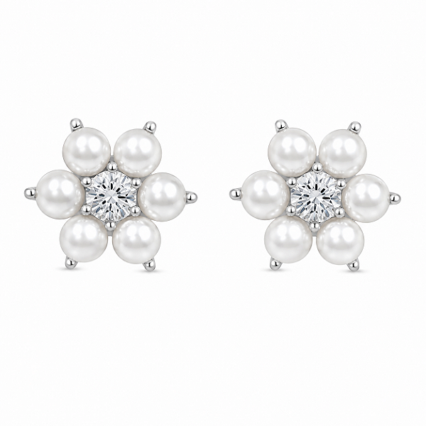 Brinco Flor Pérola Moissanite 4,0mm Prata 925 com Ródio