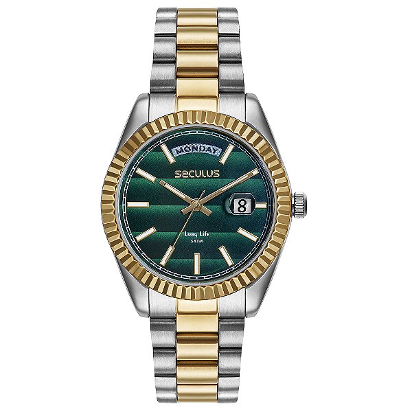 Relógio Seculus Feminino Analógico Aço Bicolor Fundo Verde Catraca Facetada 36mm 77323LPSVBA3