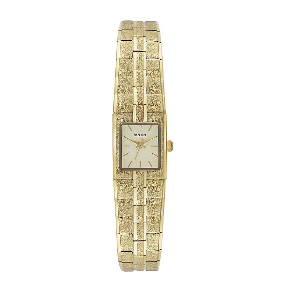 Relógio Seculus Feminino Analógico Mini Retangular Bracelete Rígido Dourado Vidro Facetado 39000LPSVDB1