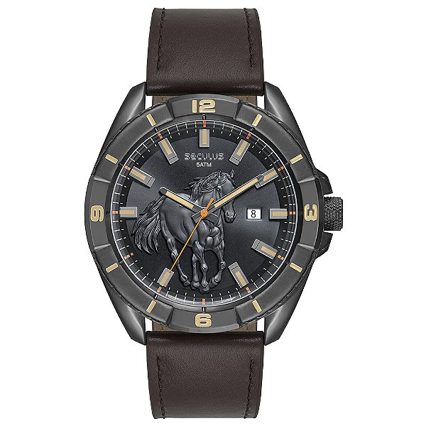Relógio Seculus Masculino Analógico Estilo Country Cavalo Relevo Couro Marrom Grafite 48mm 77315GPSVSC3