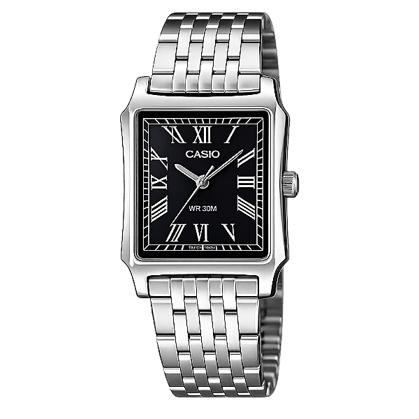 Relógio Casio Masculino Analógico Estilo Tank Aço Prata Fundo Preto Romanos 31,5mm MTP-B190D-1BVDF