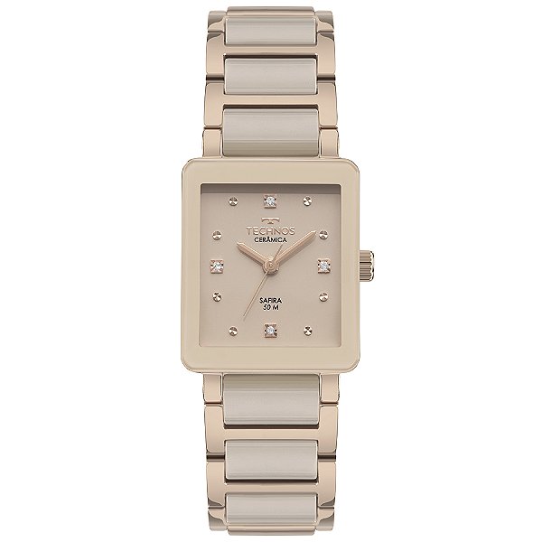 Relógio Technos Feminino Analógico Cerâmica Safira Aço Dourado Nude Retangular 2035NCS/2D