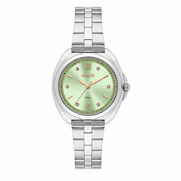 Relógio Orient Feminino Analógico Aço Prata Mostrador Verde Com Cristais 32mm FBSS0158 F3SX