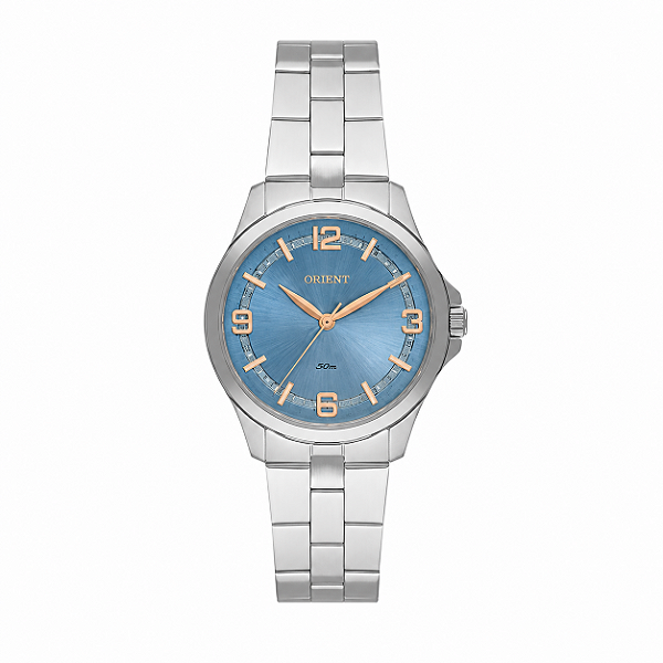 Relógio Orient Feminino Analógico Aço Prata Mostrador Azul Sunray 32mm FBSS0136 A2SX