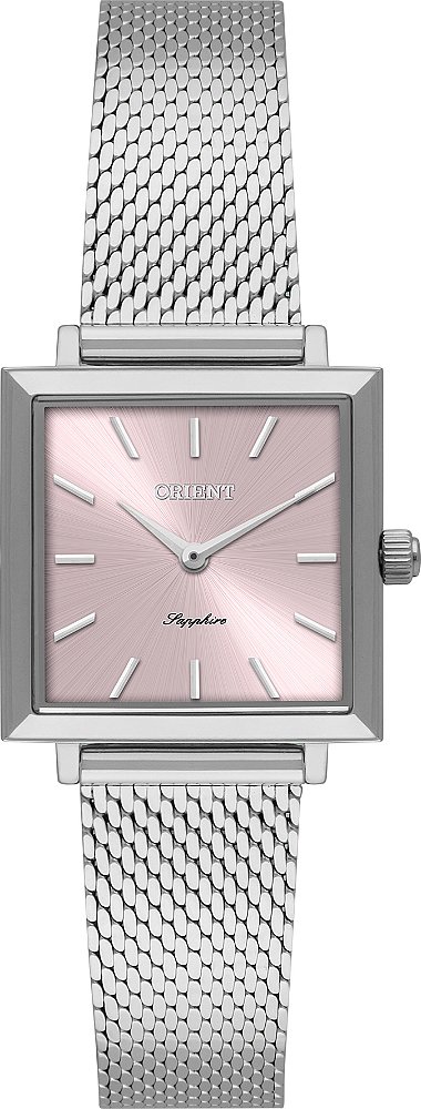 Relógio Orient Feminino Analógico Quadrado Prata Safira Fundo Rosa Pulseira Mesh LBSS0091 R1SX
