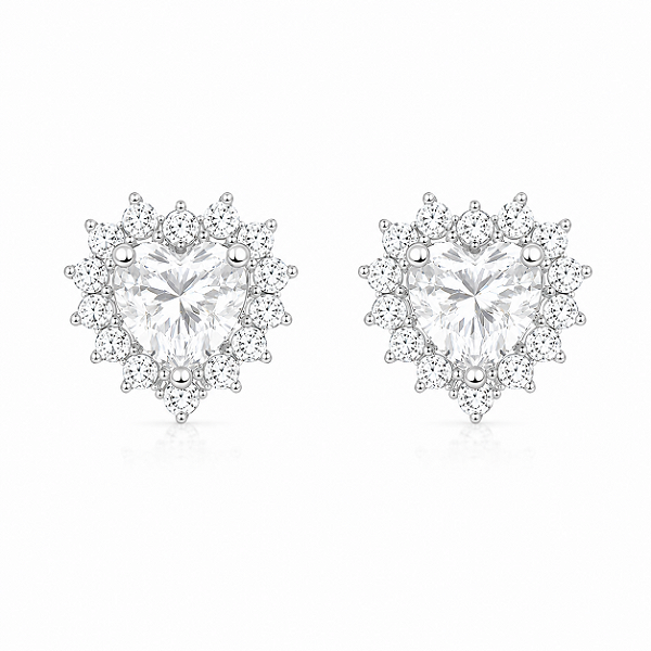 Brinco Coração Cravejado 6x6mm Moissanite Prata 925 com Ródio