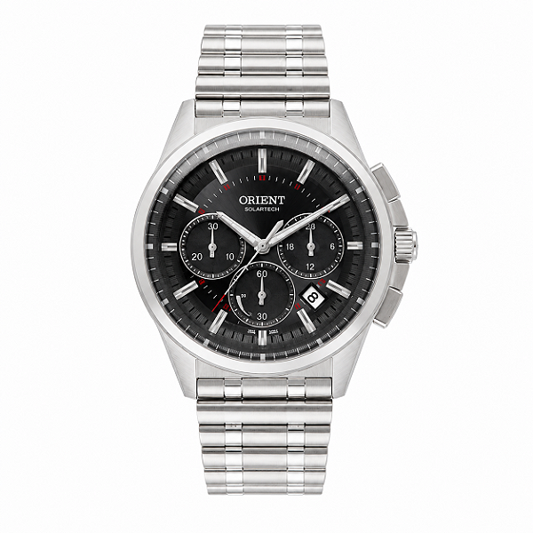 Relógio Orient Masculino Analógico Neo Vintage Cronógrafo Solartech Aço Prata Fundo Preto 43mm MBSSC266 G1SX