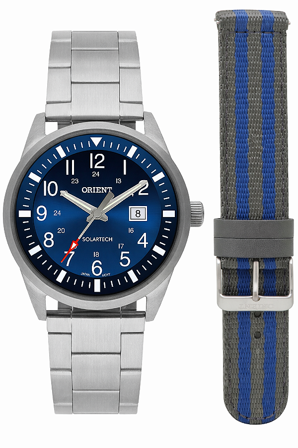 Relógio Orient Masculino Prata Fundo Azul Dupla Pulseira Clássico Aço MBSS1452 D2SX Original