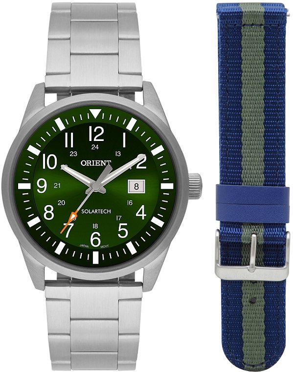 Relógio Orient Masculino Analógico Clássico Aço Prata Mostrador Verde MBSS1453E2SX Duas Pulseiras