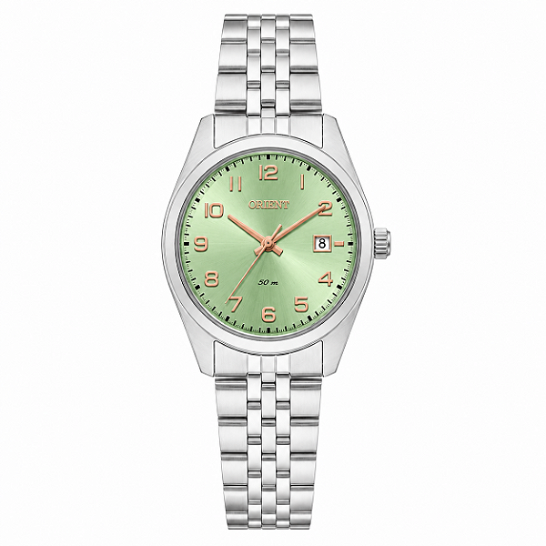 Relógio Orient Feminino Analógico Eternal Aço Prata Mostrador Verde Calendário 32mm FBSS1206 F2SX