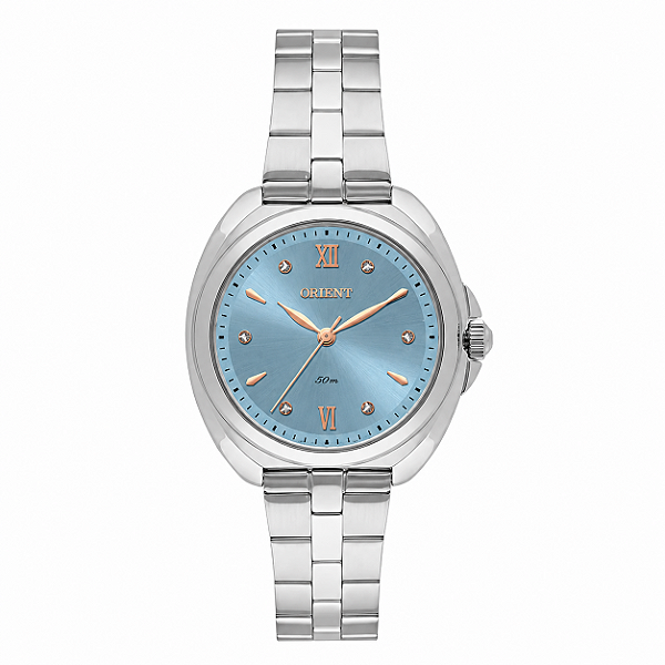 Relógio Orient Feminino Analógico Aço Prata Mostrador Azul Com Cristais 32mm FBSS0158D3SX
