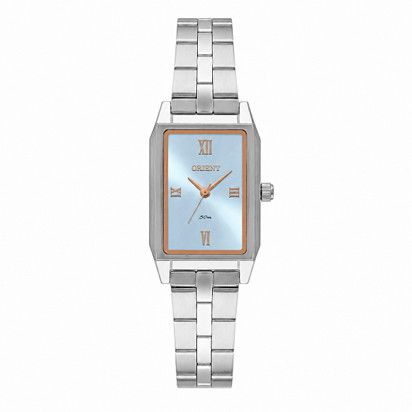 Relógio Orient Feminino Analógico Retangular Aço Prata Mostrador Azul Cristais LBSS0095 D3SX