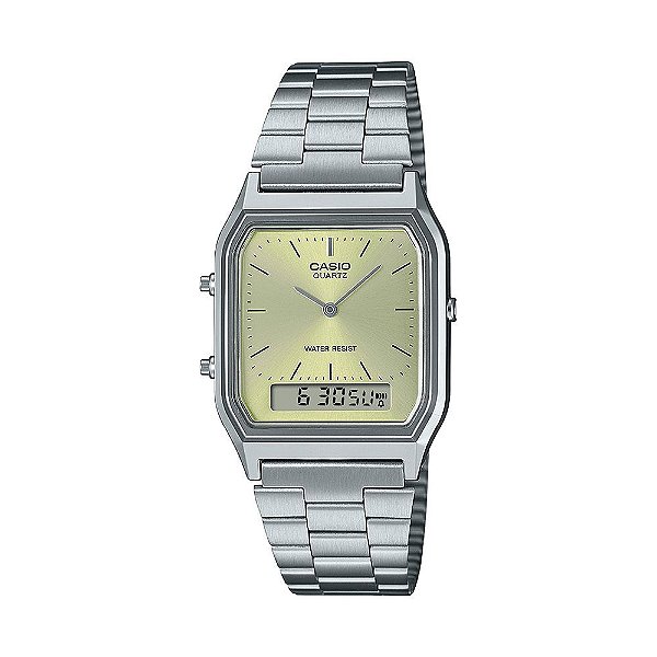 Relógio Casio Vintage Prata Fundo Dourado Ana-Digi AQ-230A-9A Original