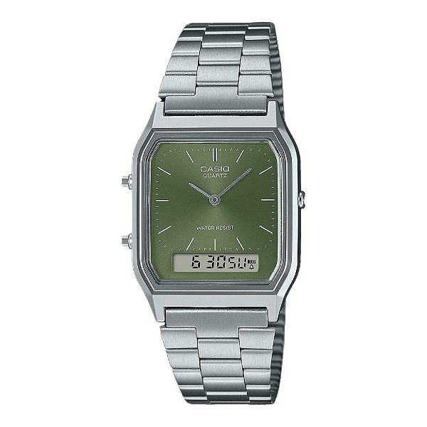 Relógio Casio Vintage Prata Fundo Verde Ana-Digital AQ-230A-3AMQYDF Original